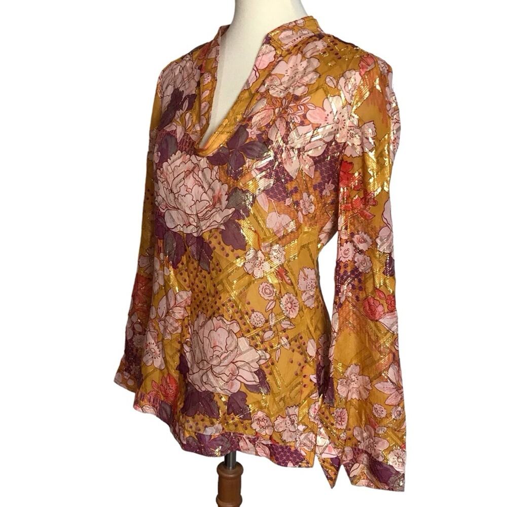 Tory Burch Metallic Silk Gold Orange Yellow Long Flutter Sleeve Tunic Blouse 6 - Picture 11 of 13